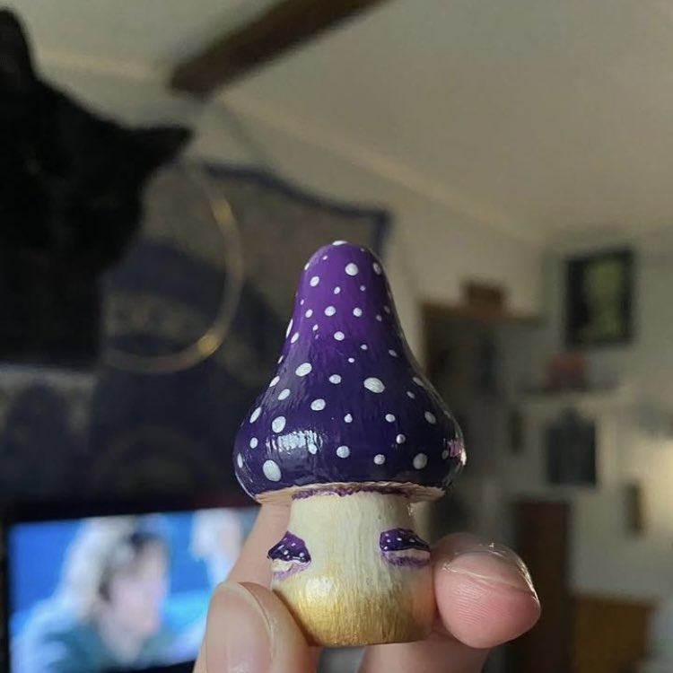 metanoiawolf's tweet photo. I love my 🍄 creations! I seriously need to work on more. Perhaps you can help me with that! This is my lil niche, magical mushies! Detailed &amp; hand painted on wood.

Customs always open! 💜

I also make other art such as paintings, wire wraps, &amp; dabble in other things. https://t.co/ztkOt8tNue