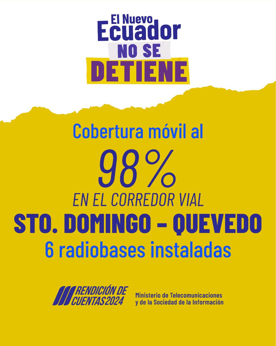 Telecom_Ec's tweet photo. 📶 Más cobertura, más conectividad.
 
En la vía Santo Domingo – Quevedo y el Bypass de Quevedo ampliamos la cobertura móvil de 3G y 4G: de 64% y 3% a 98%.

 #RendiciónDeCuentas2024 https://t.co/peNz6waRzD
