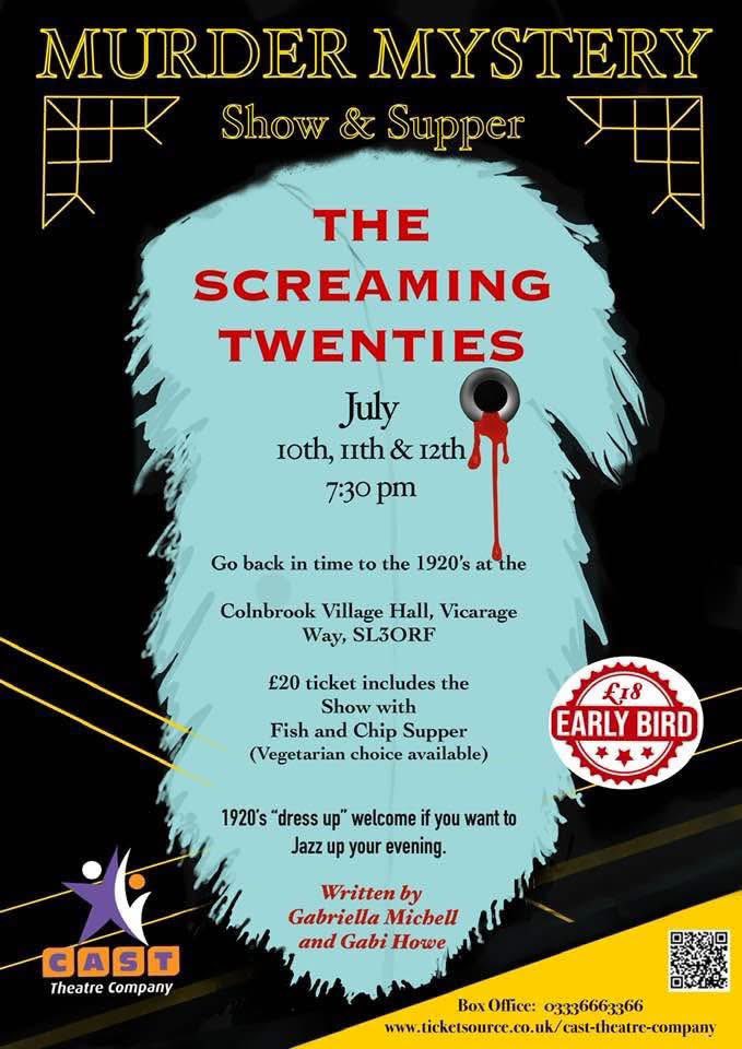 Fancy an evening of intrigue as you take on the role of sleuth and try and solve the case of ‘The Screaming Twenties’ as CAST members old and new take to the stage for your entertainment. Supper included. 
Tickets for Thurs and Friday can be booked now at: ticketsource.co.uk/cast-theatre-c…