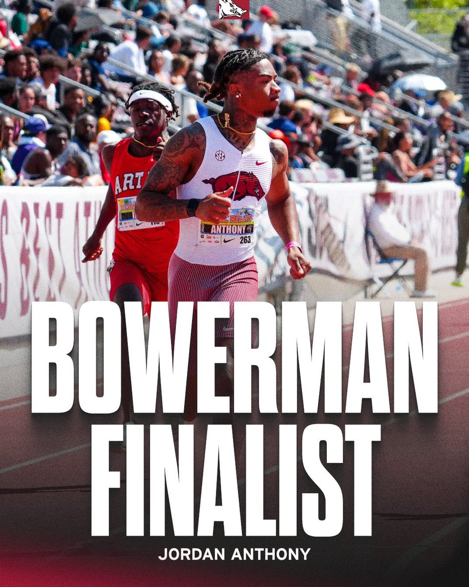 ArkRazorbacks's tweet image. Jordan Anthony is a finalist for @thebowerman
-- the highest individual accolade in collegiate Track & Field.
FAN VOTING is open NOW and ends Thursday, July 10 at 1 pm CT.
Vote here π ustfccca.org/the-bowerman/tβ¦