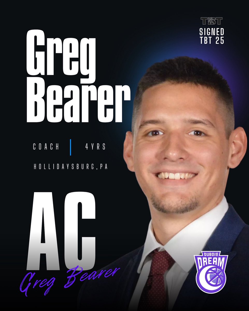 DuBois Dream (@duboisdream) on Twitter photo Weβre excited to add Hollidaysburg Native, Greg Bearer, as an Assistant Coach for TBT 2025! Coach Bearer is a great up & coming coach with ties to Head Coach <a href="/mlamberti24/">Michael Lamberti</a> & Assistant Coach <a href="/JakePerrin12/">Jake Perrin</a>! Come see <a href="/gbearer12/">Greg Bearer</a> & the Dream in <a href="/thetournament/">TBT</a> July 18th at <a href="/chaswvccc/">Charleston Coliseum & Convention Center</a>! Weβre excited to add Hollidaysburg Native, Greg Bearer, as an Assistant Coach for TBT 2025! Coach Bearer is a great up & coming coach with ties to Head Coach <a href="/mlamberti24/">Michael Lamberti</a> & Assistant Coach <a href="/JakePerrin12/">Jake Perrin</a>! Come see <a href="/gbearer12/">Greg Bearer</a> & the Dream in <a href="/thetournament/">TBT</a> July 18th at <a href="/chaswvccc/">Charleston Coliseum & Convention Center</a>!