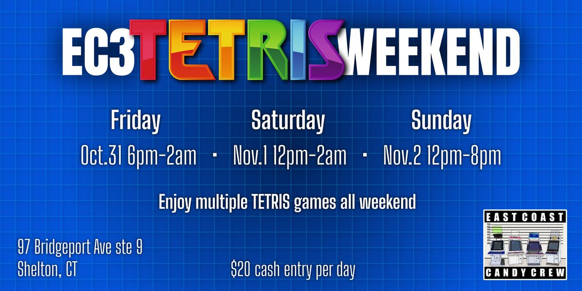 EC3_Arcade's tweet image. Like Tetris? We got you! EC3 Arcade is hosting a Tetris Weekend 10/31-11/2! We will have everything from tgm2+ on arcade to Shimizu Tetris on X68000, all on real hardware!