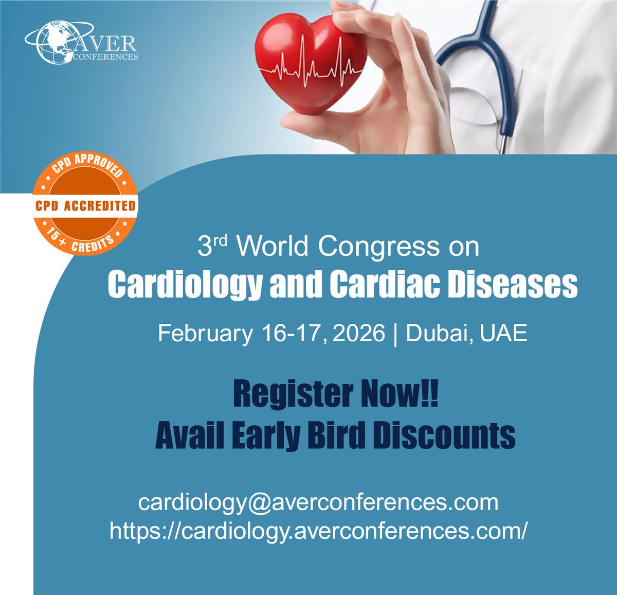 CardiaDis48106's tweet photo. Early Bird Registration Extended! 🎉
 3rd World Congress on #Cardiology &amp; #CardiacDiseases 2026
📅 February 16–17, 2026 | 📍 Dubai, UAE
Join global experts to explore cutting-edge innovations in #Cardiology &amp; #CardiacDiseases.
WS: https://t.co/GMypsppraC
#Aorta #Angina #Stroke https://t.co/yayoqbeIMf