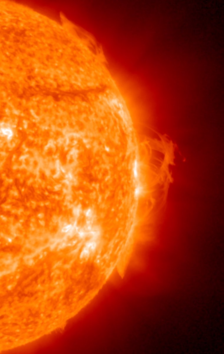 Enormous plasma filament arches on the sun right now.

304Å view from GOES SUVI from 9 minutes ago