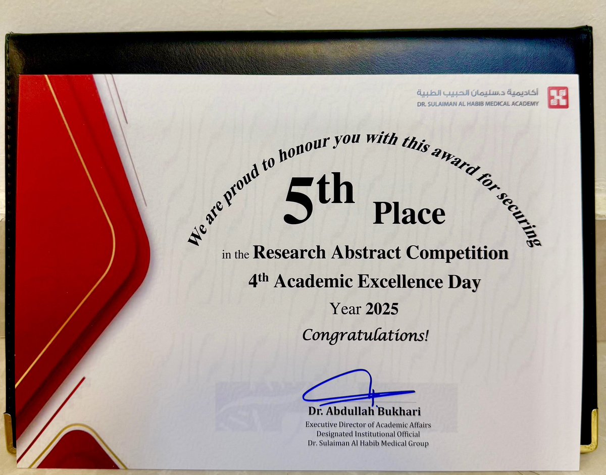 Honored that our research on switching from brand to generic tacrolimus in renal transplant patients, achieved 5th place at the 4th Competition of <a href="/HMG/">مجموعة د.سليمان الحبيب الطبية</a> 

This reflects the structured residency training, thoughtful mentorship, and the power of having outstanding resident <a href="/Ph_Teko/">Turkiah</a>