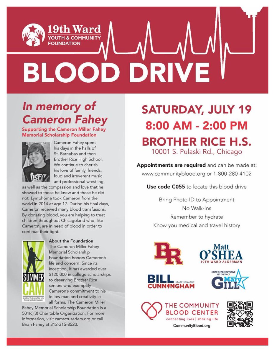 Matthew J. O'Shea (@mattoshea19) on Twitter photo On Saturday, July 19th, we will host the annual Cameron Fahey Memorial Blood Drive at Brother Rice High School, 8:00am-2:00pm. Blood donations save lives and the Chicagoland area is facing a critical blood shortage. <a href="/BevRevNews/">The Beverly Review</a> <a href="/BrotherRice/">Brother Rice Chicago</a> <a href="/SenCunningham/">Senator Bill Cunningham</a> <a href="/RepMaryGill/">Rep Mary Gill</a> On Saturday, July 19th, we will host the annual Cameron Fahey Memorial Blood Drive at Brother Rice High School, 8:00am-2:00pm. Blood donations save lives and the Chicagoland area is facing a critical blood shortage. <a href="/BevRevNews/">The Beverly Review</a> <a href="/BrotherRice/">Brother Rice Chicago</a> <a href="/SenCunningham/">Senator Bill Cunningham</a> <a href="/RepMaryGill/">Rep Mary Gill</a>