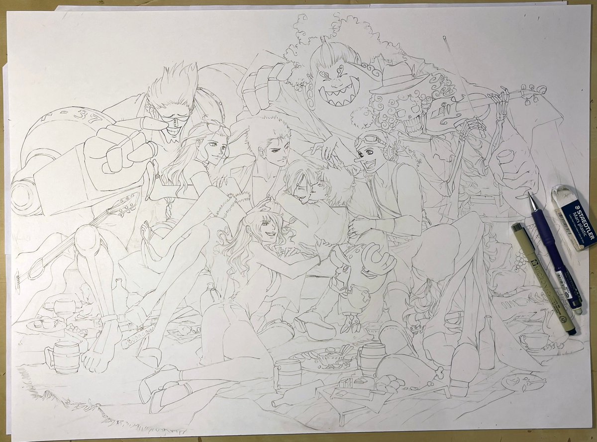 AtomicClover's tweet image. Almost done inking! As fun as traditional lineart is, I wish I had an 18"x24" printer so I could just print the lineart on the marker paper directly 😩 #ONEPIECE