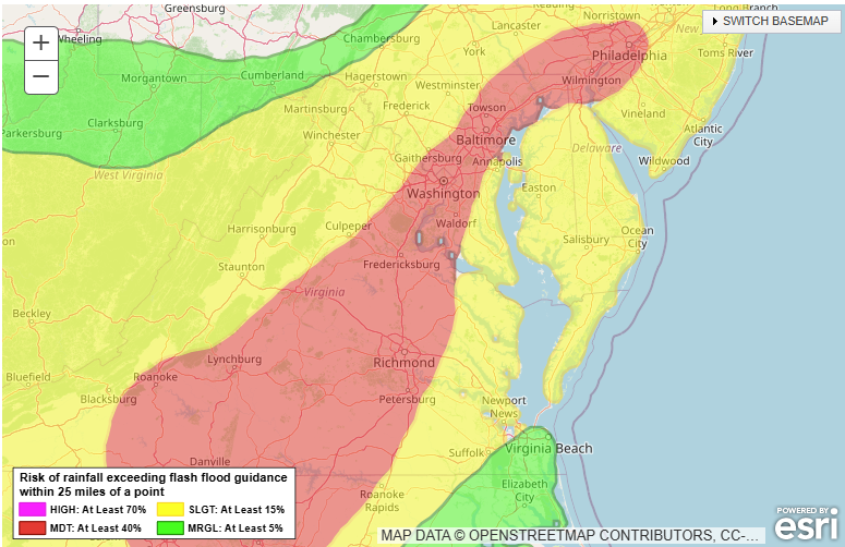 🚨 JUST IN: D.C. now under Level 3 of 4 flash flood risk

⛈️ Storms likely heavier &amp; more widespread than yesterday
🕓 Timing: 4–9 PM
🌊 NWS warns of “local significant” flooding
💧 Rainfall rates: up to 2–3” per hour
More info at: cwg.live