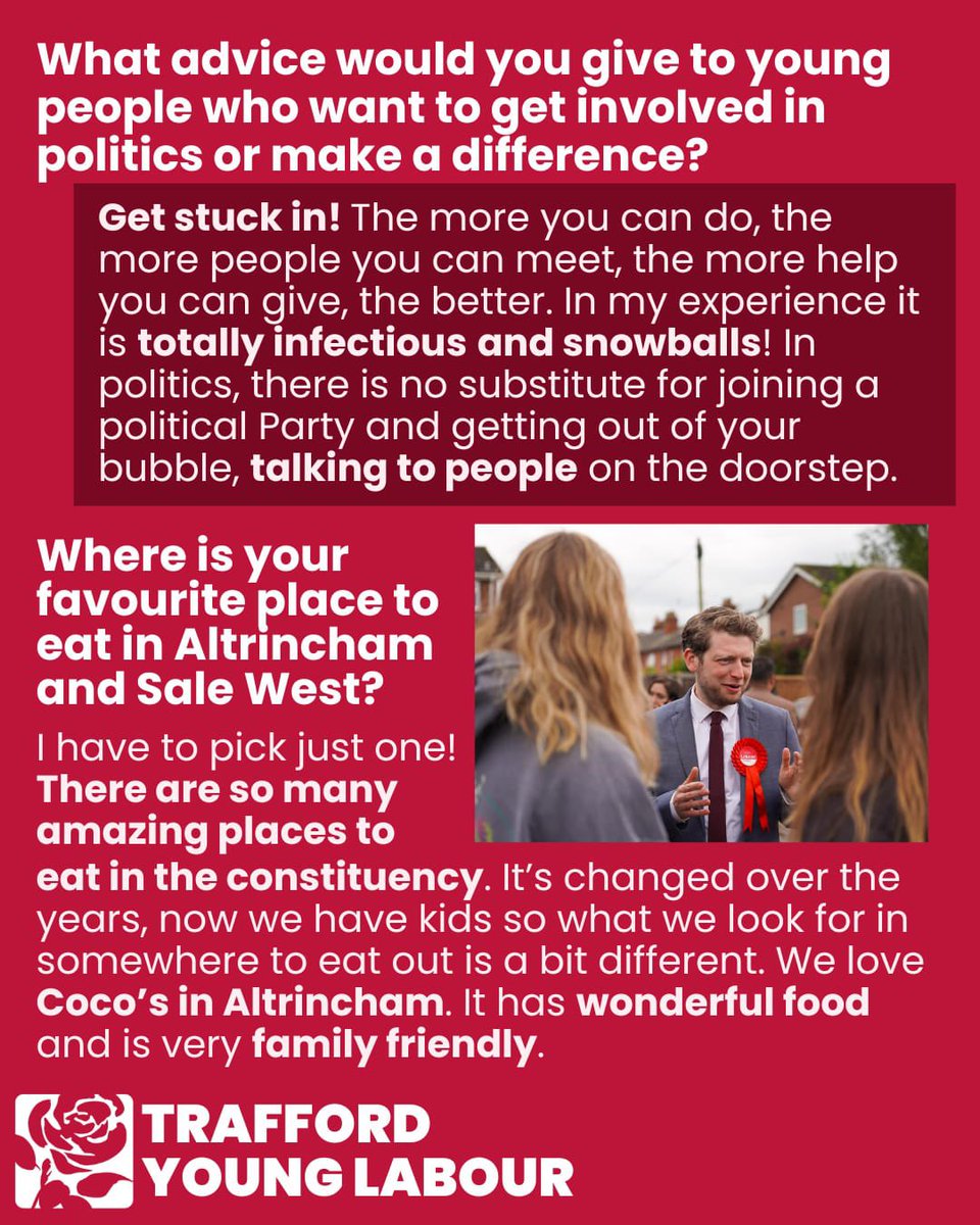 TraffordYL's tweet image. Pt 2 of our interviews with Trafford MPs! This time we asked @connorrandmp a series of questions about his political career and the local area. More to come so watch this space… 👀👀 #younglabour #labourpartyuk 🌹