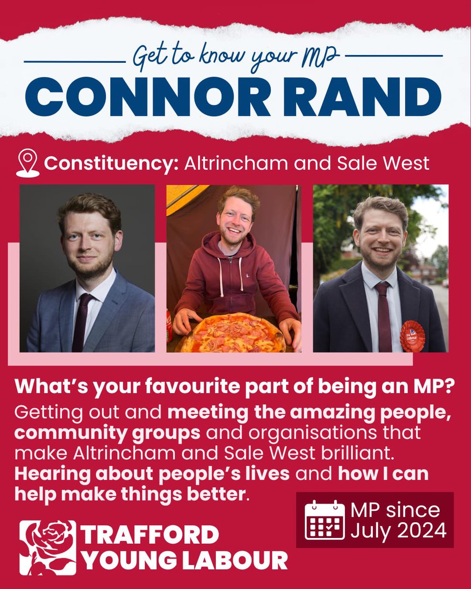 TraffordYL's tweet image. Pt 2 of our interviews with Trafford MPs! This time we asked @connorrandmp a series of questions about his political career and the local area. More to come so watch this space… 👀👀 #younglabour #labourpartyuk 🌹