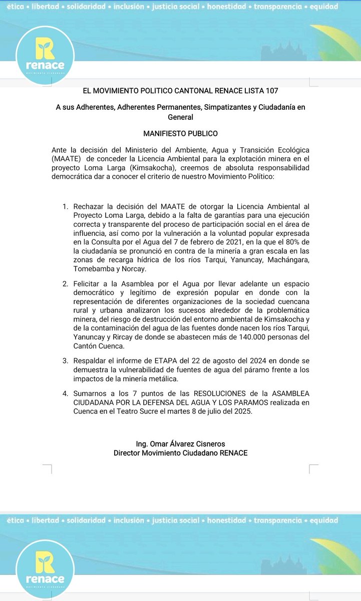 👉 Como Movimiento Ciudadano RENACE rechazamos la desición del MAATE de otorgar la Licencia Ambiental para la explotación de #Kimsaocha, se da la espalda a la expresión legítima de los Cuencanos en nuestra desición de proteger las zonas de recarga hídrica.
<a href="/RenaceCuenca/">RenaceCuenca</a>
