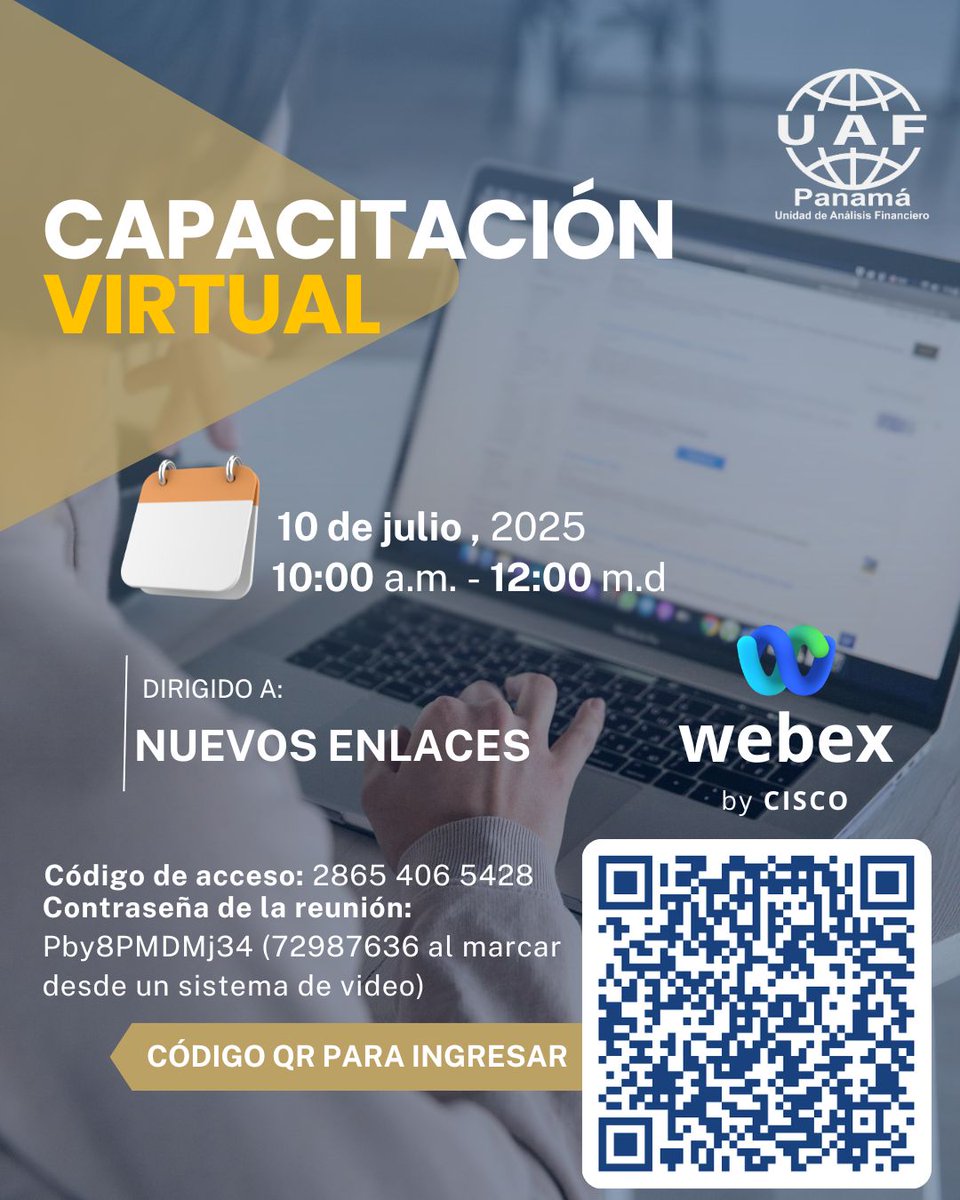 La UAF ha programado una jornada dirigida a los nuevo enlaces de los distintos sectores.

Fecha: 10 de julio de 2025
Hora: 10:00am

Al momento de ingresar a la plataforma WEBEX, procure utilizar como USUARIO su nombre completo (NOMBRE Y APELLIDO).
uaf.webex.com/uaf/j.php?MTID…