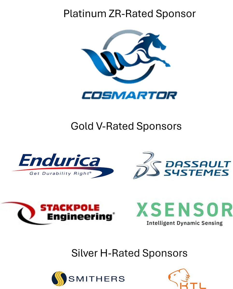 thetiresociety's tweet photo. Sponsors help us keep fees low, and bring rich capabilities to our community. Visit them at the conference and check them out. #Cosmartor, @EnduricaLLC, @3DS_SIMULIA, #StackpoleEngineering, @XSENSOR, @WeAreSmithers, #KoalaTechnologies. Want to sponsor? https://t.co/1L8rBEClpI https://t.co/7zDTKHNjru