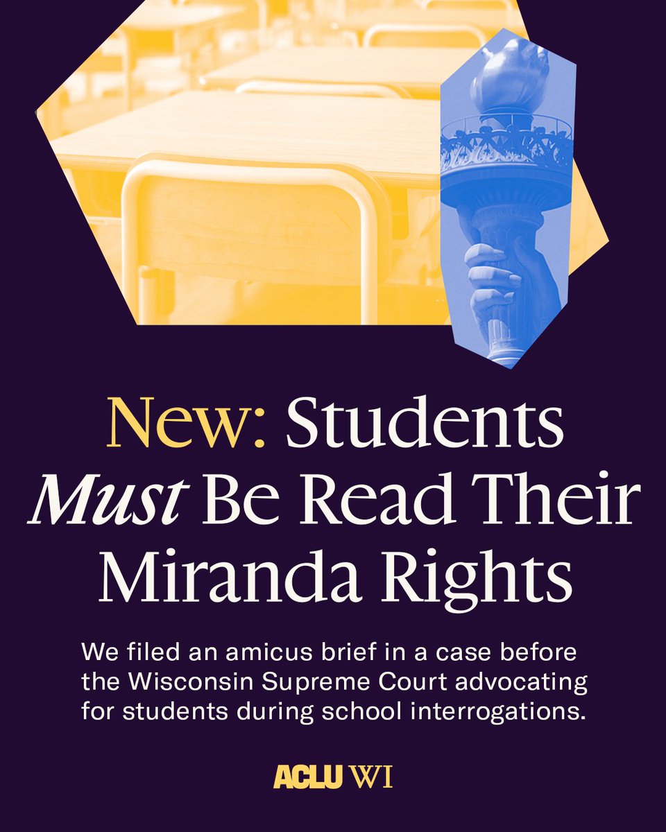 ACLUofWisconsin's tweet image. Numerous courts in other states have ruled that police questioning students without reading their Miranda rights violates due process protected by the Fourteenth Amendment. It is time that the Wisconsin Supreme Court does the same.
aclu-wi.org/en/press-relea…