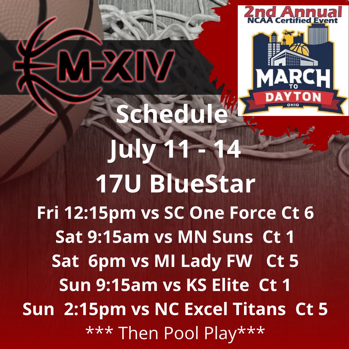 Team M-XIV Girls (@m14hoops_girls) on Twitter photo π₯π₯ Schedule Alert π₯π₯
β
17U BlueStar
πΈ March to Dayton
βοΈ Dayton, OH
π July 11-14
#Repthe14
<a href="/PGHByron/">Byron Xerxes Livsey</a>
<a href="/PGHIllinois/">Prep Girls Hoops Illinois</a>
<a href="/JrAllStar_IL/">Illinois Jr. All-Star GBB</a>
<a href="/MMBR_CoachGBell/">Major Movez Basketball Review #MMBR</a>
<a href="/MHS_Girls_/">Midwest Hoops Spotlight</a> π₯π₯ Schedule Alert π₯π₯
β
17U BlueStar
πΈ March to Dayton
βοΈ Dayton, OH
π July 11-14
#Repthe14
<a href="/PGHByron/">Byron Xerxes Livsey</a>
<a href="/PGHIllinois/">Prep Girls Hoops Illinois</a>
<a href="/JrAllStar_IL/">Illinois Jr. All-Star GBB</a>
<a href="/MMBR_CoachGBell/">Major Movez Basketball Review #MMBR</a>
<a href="/MHS_Girls_/">Midwest Hoops Spotlight</a>