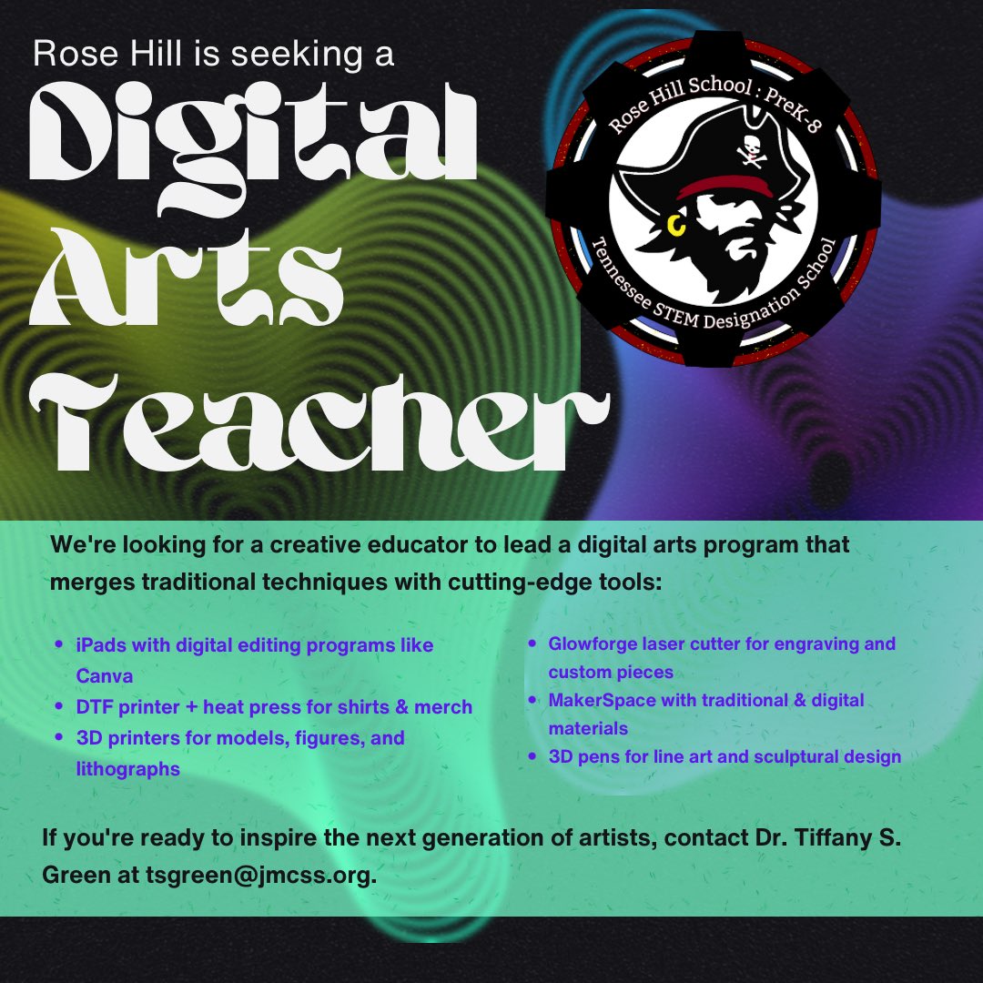 Rose Hill Raiders (@rosehillraiders) on Twitter photo Attention Makers, Creators, and Art Educators!! 🔔 We are seeking a Digital Art Teacher to join our dynamic team of educators at the ONLY STEM-designated school in JMCSS! Please contact tsgreen@jmcss.org to express interest!!!
🎨 💻 ⚙️ <a href="/TiffanyGreen08/">Tiffany Green</a> <a href="/JMCSchools/">Jackson-Madison County Schools</a> <a href="/JMCSSfinearts/">JMCSS Fine Arts</a> Attention Makers, Creators, and Art Educators!! 🔔 We are seeking a Digital Art Teacher to join our dynamic team of educators at the ONLY STEM-designated school in JMCSS! Please contact tsgreen@jmcss.org to express interest!!!
🎨 💻 ⚙️ <a href="/TiffanyGreen08/">Tiffany Green</a> <a href="/JMCSchools/">Jackson-Madison County Schools</a> <a href="/JMCSSfinearts/">JMCSS Fine Arts</a>