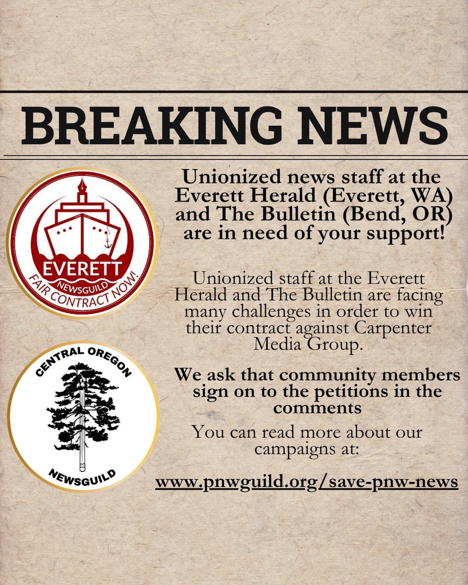 Pacific Northwest Newspaper Guild (@pacnwguild) on Twitter photo Extra! Extra! Two of the Pacific Northwest Newspaper Guilds unionized publications (<a href="/EverettGuild/">Everett NewsGuild ā</a> and <a href="/CentraloregonNG/">Central Oregon NewsGuild</a>) are moving towards a subscriber boycott and are in need of your support. Read all about the campaign, send emails and sign the petition at Extra! Extra! Two of the Pacific Northwest Newspaper Guilds unionized publications (<a href="/EverettGuild/">Everett NewsGuild ā</a> and <a href="/CentraloregonNG/">Central Oregon NewsGuild</a>) are moving towards a subscriber boycott and are in need of your support. Read all about the campaign, send emails and sign the petition at