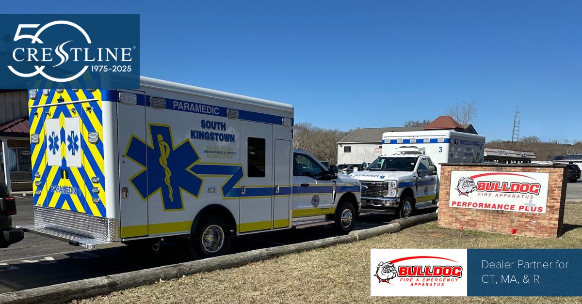 Looking for a trusted ambulance dealer in the Northeast? @Bulldogfa is our Crestline partner for CT, MA, &amp; RI. From custom orders to in-stock CCL 150s ready to roll, they’ve got you covered. Call 888-515-5145 or visit BulldogFireApparatus.com.