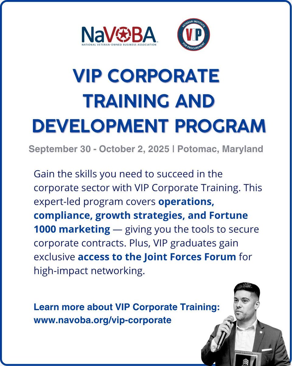 NaVOBA's tweet photo. NaVOBA is proud to fill the gap between veteran businesses &amp; America’s corporate sector. VIP Corporate Training and Joint Forces Forum work hand-in-hand to equip veterans with the tools and opportunities for entry and growth in corporate America. 

https://t.co/0AcRXHH8Hz https://t.co/j83EJda33P