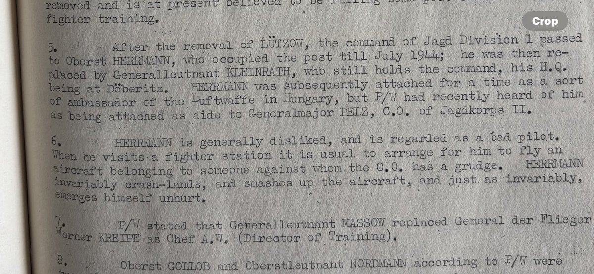Been at TNA today to look at more nightfighter archives - amongst the Luftwaffe interrogation reports from March 1945 was this gem from Johann Kogler, CO of JG/6. Looks like Hajo Herrman wasn’t the superstar pilot he has been painted! <a href="/James1940/">James Holland</a> <a href="/almurray/">Al Murray 🇺🇦</a> <a href="/WeHaveWaysPod/">WW2 Pod: We Have Ways of Making You Talk</a>
