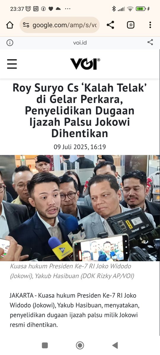 Saraswati (@kusuma12197) on Twitter photo Setelah Gelar Perkara khusus Ijasah Pak Jokowi, Penyelidikan Dugaan Ijasah Palsu DIHENTIKAN!
Bukti bahwa Tuduhan Ijasah Pak Jokowi Palsu TIDAK TERBUKTI!
Bisa disimpulkan bahwa IJASAH PAK JOKOWI ASLI!
SAAT NYA <a href="/SianiparRismon/">Rismon Hasiholan Sianipar</a>
dan Gerombolannya masuk BUI!!
google.com/amp/s/voi.id/a⦠Setelah Gelar Perkara khusus Ijasah Pak Jokowi, Penyelidikan Dugaan Ijasah Palsu DIHENTIKAN!
Bukti bahwa Tuduhan Ijasah Pak Jokowi Palsu TIDAK TERBUKTI!
Bisa disimpulkan bahwa IJASAH PAK JOKOWI ASLI!
SAAT NYA <a href="/SianiparRismon/">Rismon Hasiholan Sianipar</a>
dan Gerombolannya masuk BUI!!
google.com/amp/s/voi.id/aβ¦