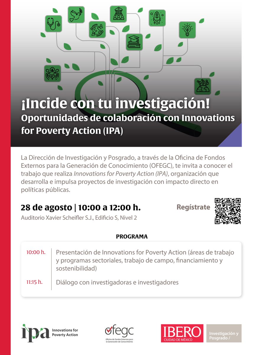 IBERO Investigación y Posgrado (@iberoinvestiga) on Twitter photo #ApartaLaFecha 📅| ¿Conoces la organización internacional <a href="/poverty_action/">Innovations for Poverty Action</a>? Asiste a nuestro evento e identificar posibles estrategias de colaboración en proyectos de investigación con impacto directo en políticas públicas.
🔗Regístrate: shorturl.at/O3bKU
🗓️28 de agosto | #ApartaLaFecha 📅| ¿Conoces la organización internacional <a href="/poverty_action/">Innovations for Poverty Action</a>? Asiste a nuestro evento e identificar posibles estrategias de colaboración en proyectos de investigación con impacto directo en políticas públicas.
🔗Regístrate: shorturl.at/O3bKU
🗓️28 de agosto |