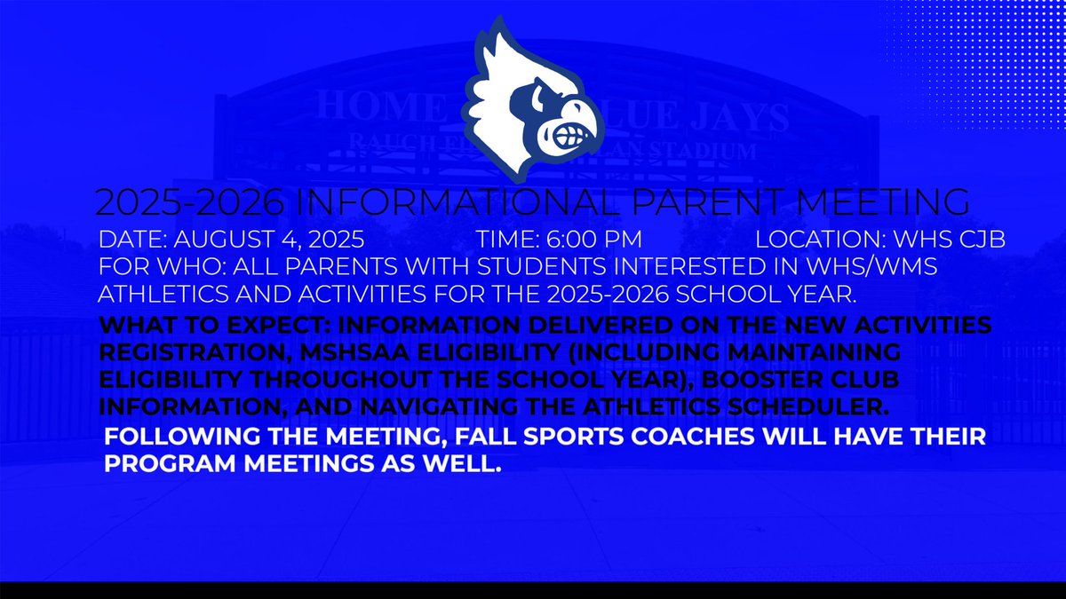 SDofWashington's tweet image. An informational meeting for parents with students interested in participating in athletics and activities at Washington High School and Middle School for the 2025-26 school year will take place on Monday, August 4, at the WHS CJB Theater at 6 p.m.