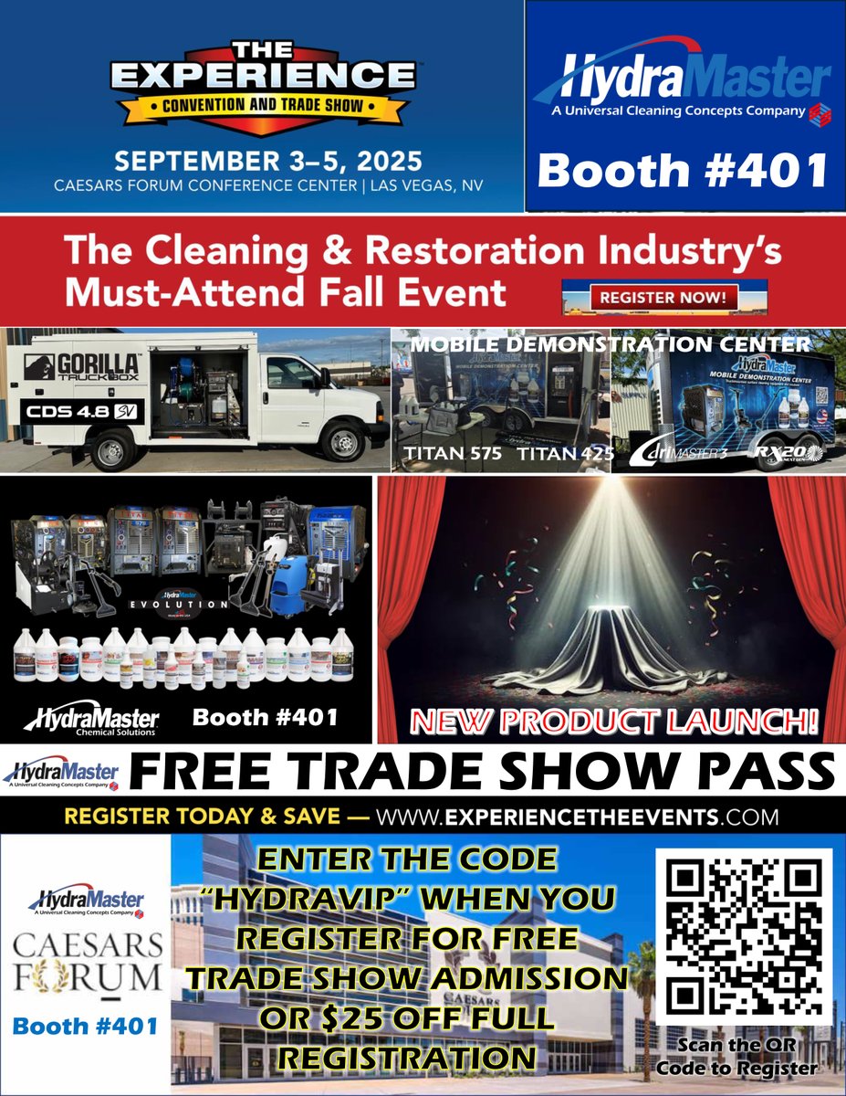 Join  HydraMaster at the Experience Trade Show in Las Vegas September 3-5,  2025 - Booth #401! Here is a free trade show pass for you to use when  you register!