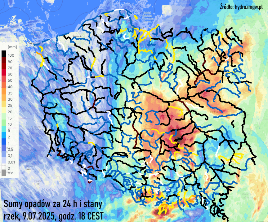 MeteoWlkp's tweet image. Za ostatnie 24 h (do godz. 18) najwięcej deszczu spadło na Polanie Chochołowskiej - 145 mm, a w skali nizin - koło Przysuchy 127 mm. Stan ostrzegawczy został wyraźnie przekroczony tylko na Dunajcu w Nowym Targu. Jutro (10.07) poprawa pogody i raczej niewielkie wzrosty stanów rzek