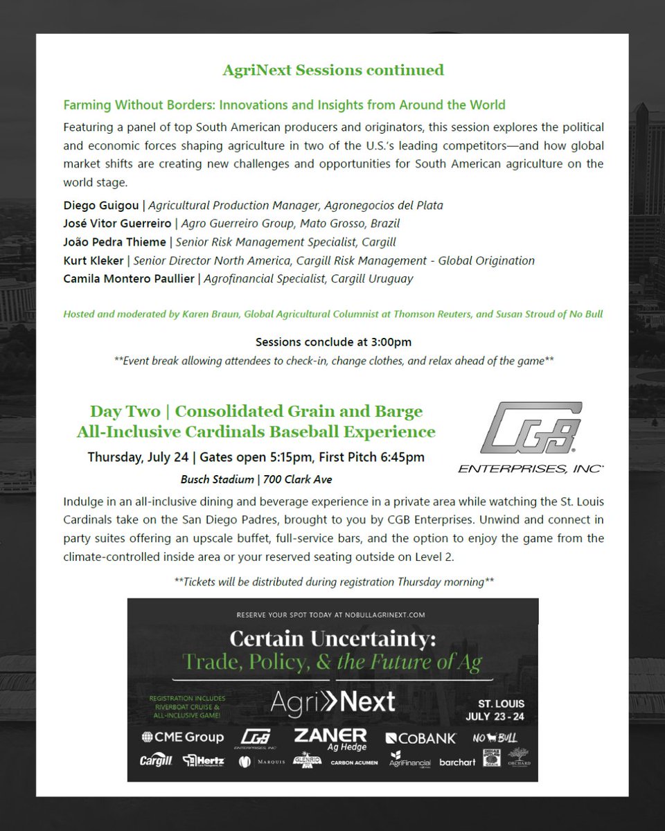 NoBullAgriNext's tweet photo. We are only two weeks away from AgriNext! ⏱️

Here's a sneak peek at this year's agenda, including the riverboat cruise, conference sessions, &amp; all-inclusive baseball experience👀

For additional details &amp; registration, visit https://t.co/ivqssCKuh8 

Registration ends July 18!🚨 https://t.co/MCCQPdUyum