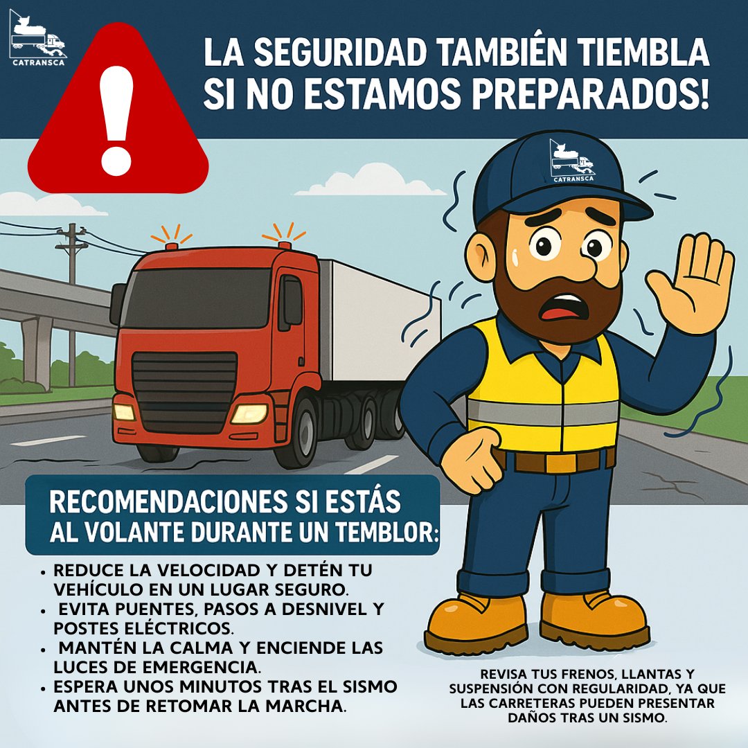 🌍🚨 En Guatemala, los sismos son una realidad y como transportistas debemos estar preparados.
📍 Sigue estas recomendaciones si estás manejando durante un temblor y protege tu vida y la de los demás.

👷‍♂️ ¡La seguridad también tiembla si no estamos preparados!

#CATRANSCA