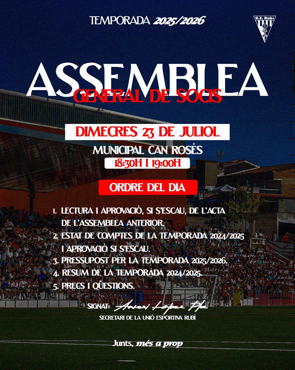 📣 𝐀𝐒𝐒𝐄𝐌𝐁𝐋𝐄𝐀 𝐆𝐄𝐍𝐄𝐑𝐀𝐋 𝐃𝐄 𝐒𝐎𝐂𝐈𝐒

🗓 Dimecres 23 de juliol
🕡 18:30h (1a convocatòria)
🕖 19:00h (2a convocatòria)
📍 Municipal Can Rosés
