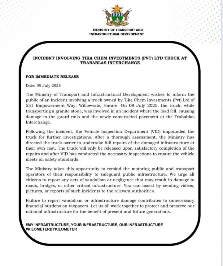 obeyshava1's tweet image. The Ministry of Transport has given an illegal instruction. It has no power to detain the truck until the owner repairs the Trabablas pavement as communicated in this memo.
Ministry officials should desist from making emotional & costly decisions. Due process must be followed.