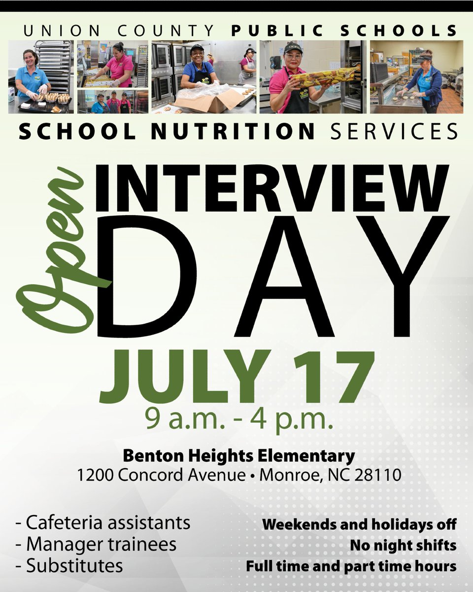 School Nutrition Services is hosting an Open Interview Day:
📆 July 17
⏱️9 am-4 pm
🏫 Benton Heights Elementary
@aghoulihan @ucpsnc