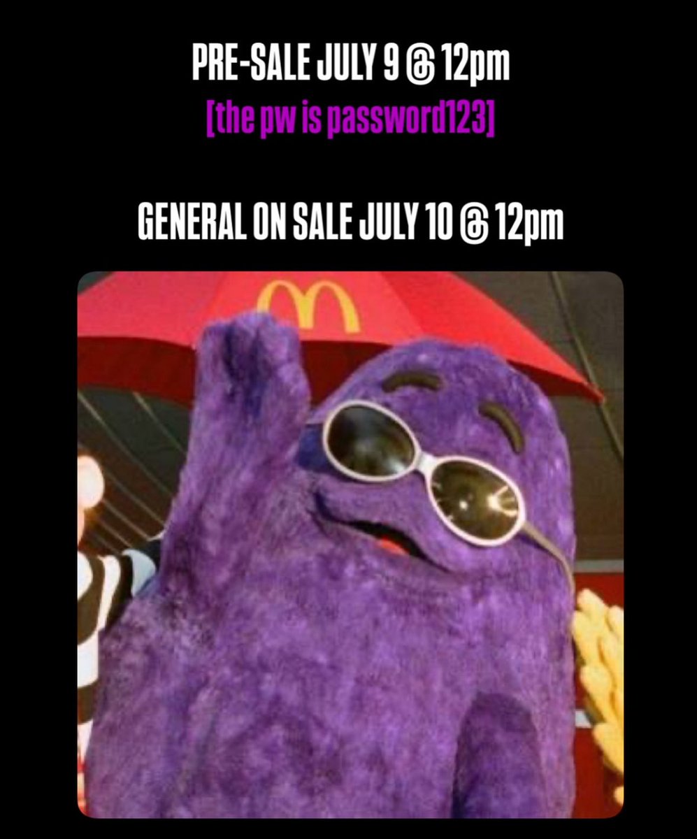 USA FALL SHOWS w OUR FAVS <a href="/daisygrenade/">Daisy Grenade</a> 
grimace got the on sale info u need jus
swipe
but also:
presale JULY 10 / 12pm [use pw: password123] general onsale JULY 11 / 12pm
LETS GO BABY link in bio