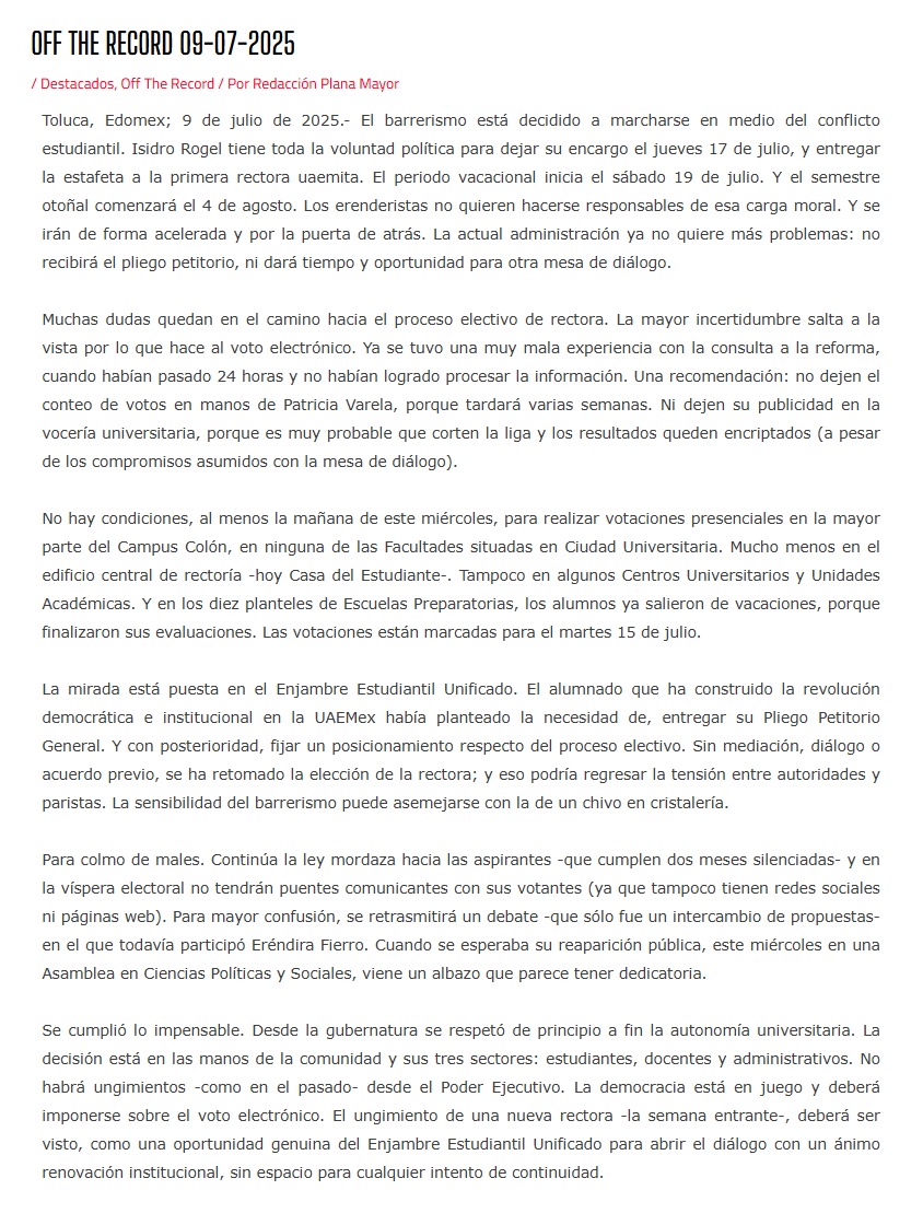 El barrero-fierrismo está decidido a marcharse en medio del conflicto estudiantil. Isidro Rogel tiene toda la voluntad política para dejar su encargo el jueves 17 de julio, y entregar la estafeta a la primera rectora de la #UAEMéx. vía
planamayor.com.mx/off-the-record…