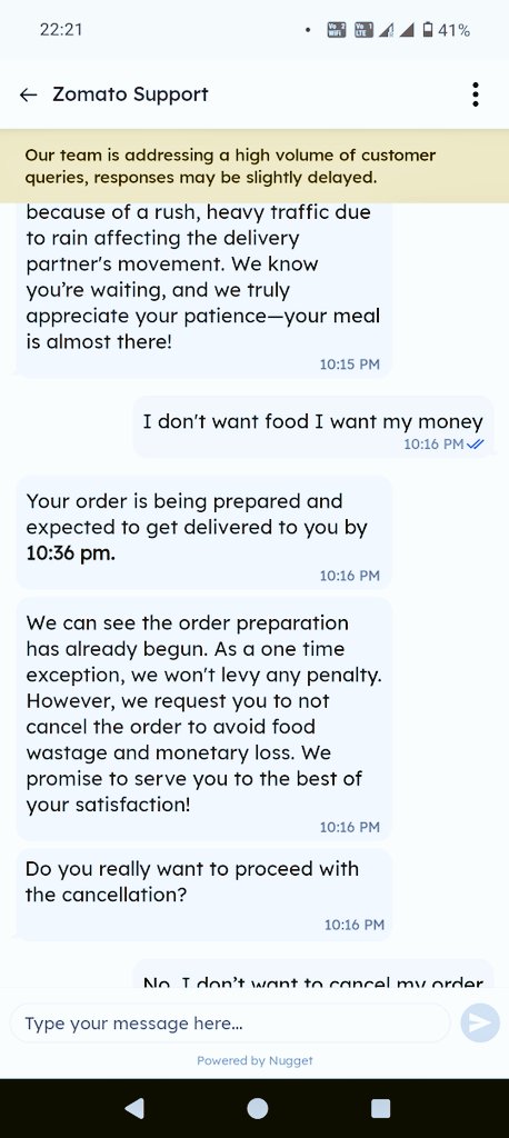 Myself_Divyansh's tweet photo. Worst service by @zomato @zomatocare .  Order is never on time and even the chat support is giving same AI generated answer everytime. And if someone complaint then increase their time. Even if you paid surge prices. Also there is no option for cancel or refund. #loot people https://t.co/pMiADjfDoi
