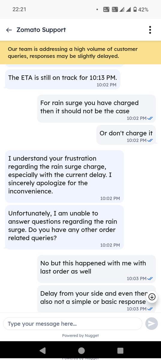 Myself_Divyansh's tweet photo. Worst service by @zomato @zomatocare .  Order is never on time and even the chat support is giving same AI generated answer everytime. And if someone complaint then increase their time. Even if you paid surge prices. Also there is no option for cancel or refund. #loot people https://t.co/pMiADjfDoi
