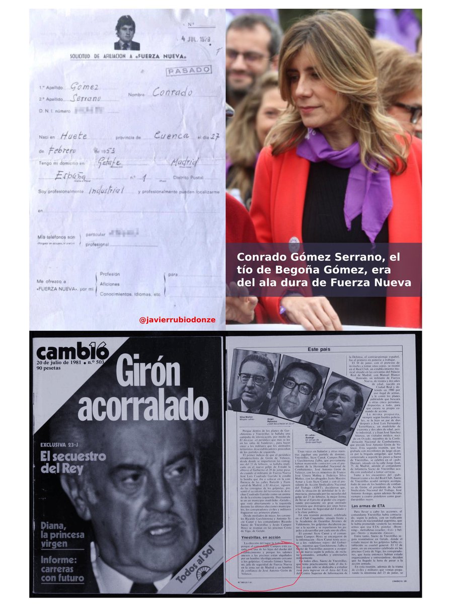 ¿Sabías que Conrado Gómez Serrano, tío de Begoña Gómez y hermano de Sabiniano (el de las saunas gays donde grababa Villarejo), fue jefe de seguridad de Fuerza Nueva en la zona sur y el hombre de confianza de José Antonio Girón de Velasco?