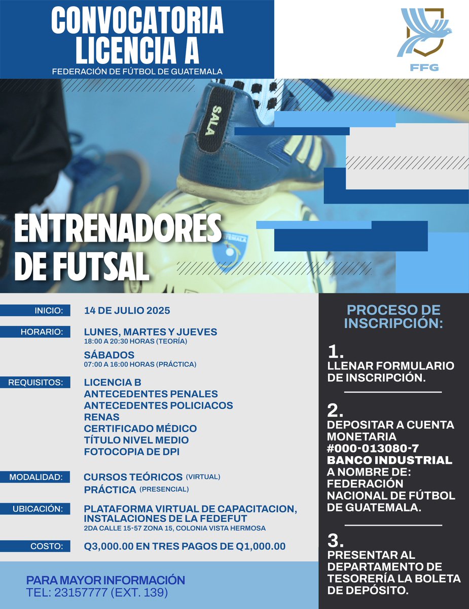 𝗖𝗢𝗡𝗩𝗢𝗖𝗔𝗧𝗢𝗥𝗜𝗔  ·   𝐋𝐈𝐂𝐄𝐍𝐂𝐈𝐀 𝐀 𝟐𝟎𝟐𝟓 ᴘᴀʀᴀ ᴇɴᴛʀᴇɴᴀᴅᴏʀᴇꜱ ᴅᴇ ꜰᴜᴛꜱᴀʟ

📄 sistema.fedefutguate.online/public_registr…