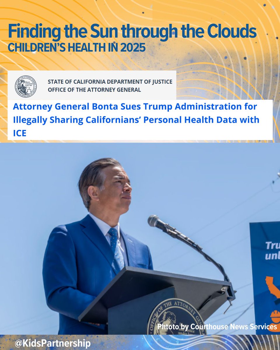 KidsPartnership's tweet image. CA Attorney General Rob Bonta, leading a multi-state coalition, filed a lawsuit challenging the U.S. Department of Health and Human Services’ (HHS) decision to provide unfettered access to individual personal health data to the Department of Homeland Security (DHS), which houses…