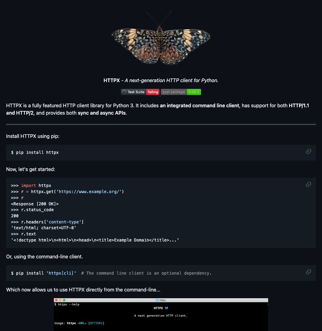 D4Vinci1's tweet image. httpx
A next-generation HTTP client for Python with HTTP/1.1 & HTTP/2 support, async & sync APIs, and a built-in CLI client #httpclient #python #httpx