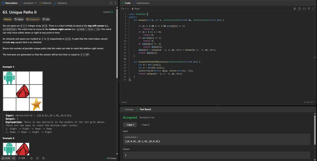 BitwiseAbhi's tweet photo. Topic - Dynamic Programming
"DSA Streak Continues! | Day 78" 
Problem statement :- Unique Path II ( LC- 63)
Both Top down (Recursion + dp) &amp; Bottom up (Tabulation) https://t.co/Qtvhz7LB8S