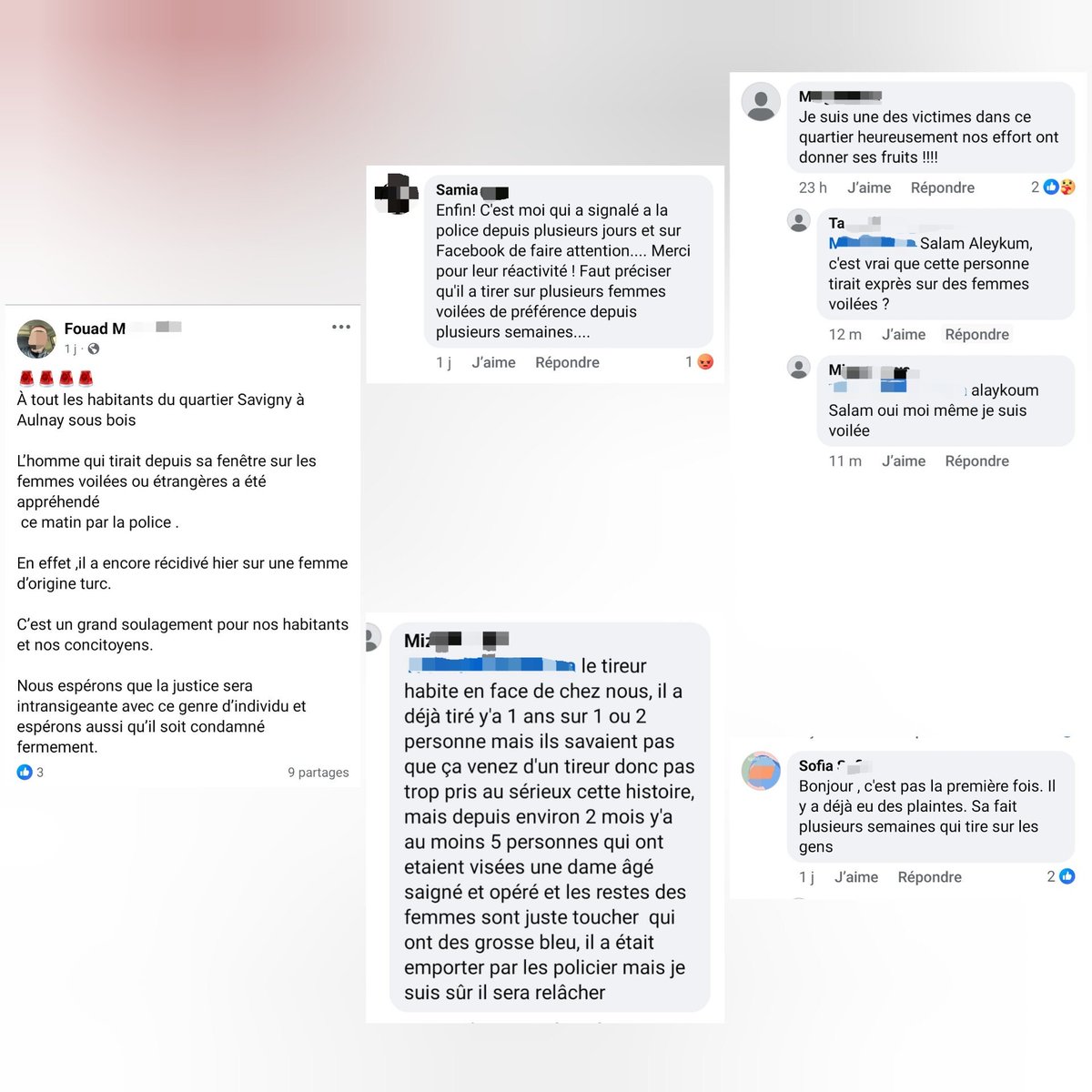 🇫🇷 FLASH - À Aulnay-sous-Bois, depuis plusieurs semaines, un homme tirait à la carabine à plomb depuis sa fenêtre sur des femmes, notamment Maghrébines, portant le voile. 

Les témoignages que nous avons recueillis font état d'au moins 7 blessées. Le suspect a été interpellé.