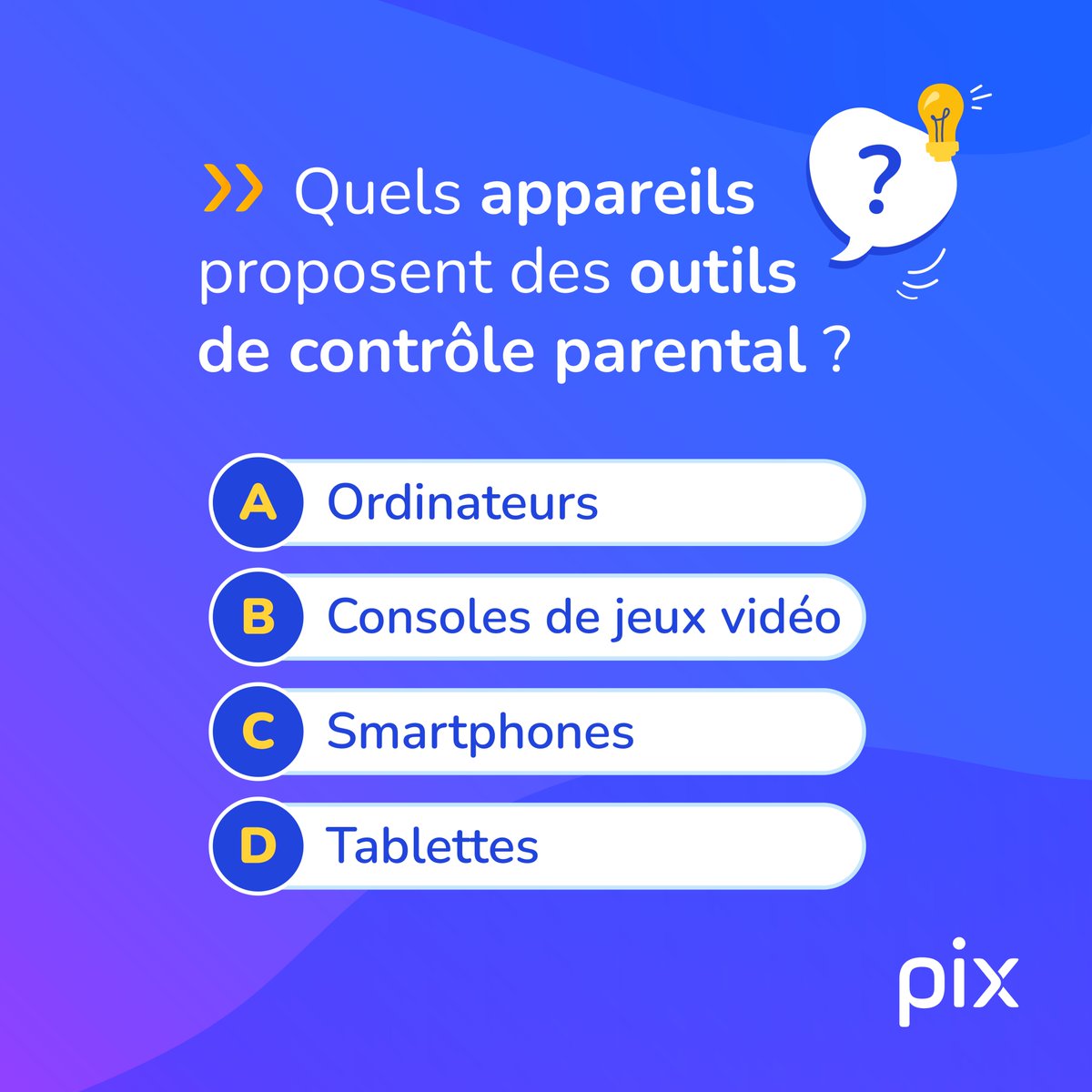 Pix (@pix_officiel) on Twitter photo C’est les vacances ! 🏖️
Qui dit plus de temps libre, dit parfois plus de temps passé en ligne. 
Découvrez quelques clés pour mieux accompagner vos enfants dans leurs usages numériques à la maison, grâce aux défis Pix pour les parents ! 🏠
👉 app.pix.fr/campagnes/BHYS… C’est les vacances ! 🏖️
Qui dit plus de temps libre, dit parfois plus de temps passé en ligne. 
Découvrez quelques clés pour mieux accompagner vos enfants dans leurs usages numériques à la maison, grâce aux défis Pix pour les parents ! 🏠
👉 app.pix.fr/campagnes/BHYS…