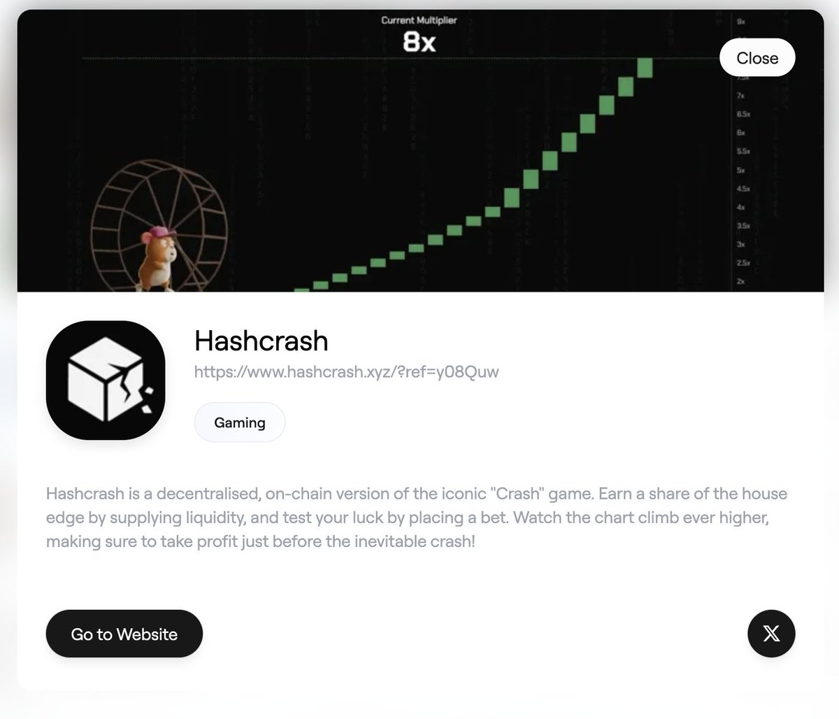 bearish_af's tweet image. From Bearish x Grind Hackathon to @Abstract_Eco Portal
Congratulations to @BuiltLabs on the milestone!
Hashcrash is a decentralised, on-chain version of the iconic "Crash" game. Earn a share of the house edge by supplying liquidity, and test your luck by placing a bet.…