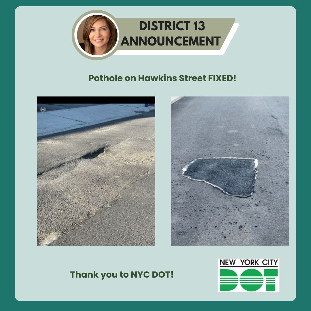 KristyMarmorato's tweet image. Our team got a call about a pothole on Hawkins St in City Island and of course, our very own Renata got on it and got the job done! โ
Thank you @NYC_DOT for getting this done asap!