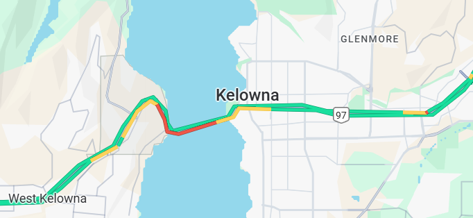 DriveBC's tweet photo. ⚠️#BCHwy97 - the northbound right lane on the WR Bennett Bridge is blocked due to a stalled vehicle.
Crews are on scene.
Expect delays.
#Kelowna #WestKelowna https://t.co/dzlt0DxDqs