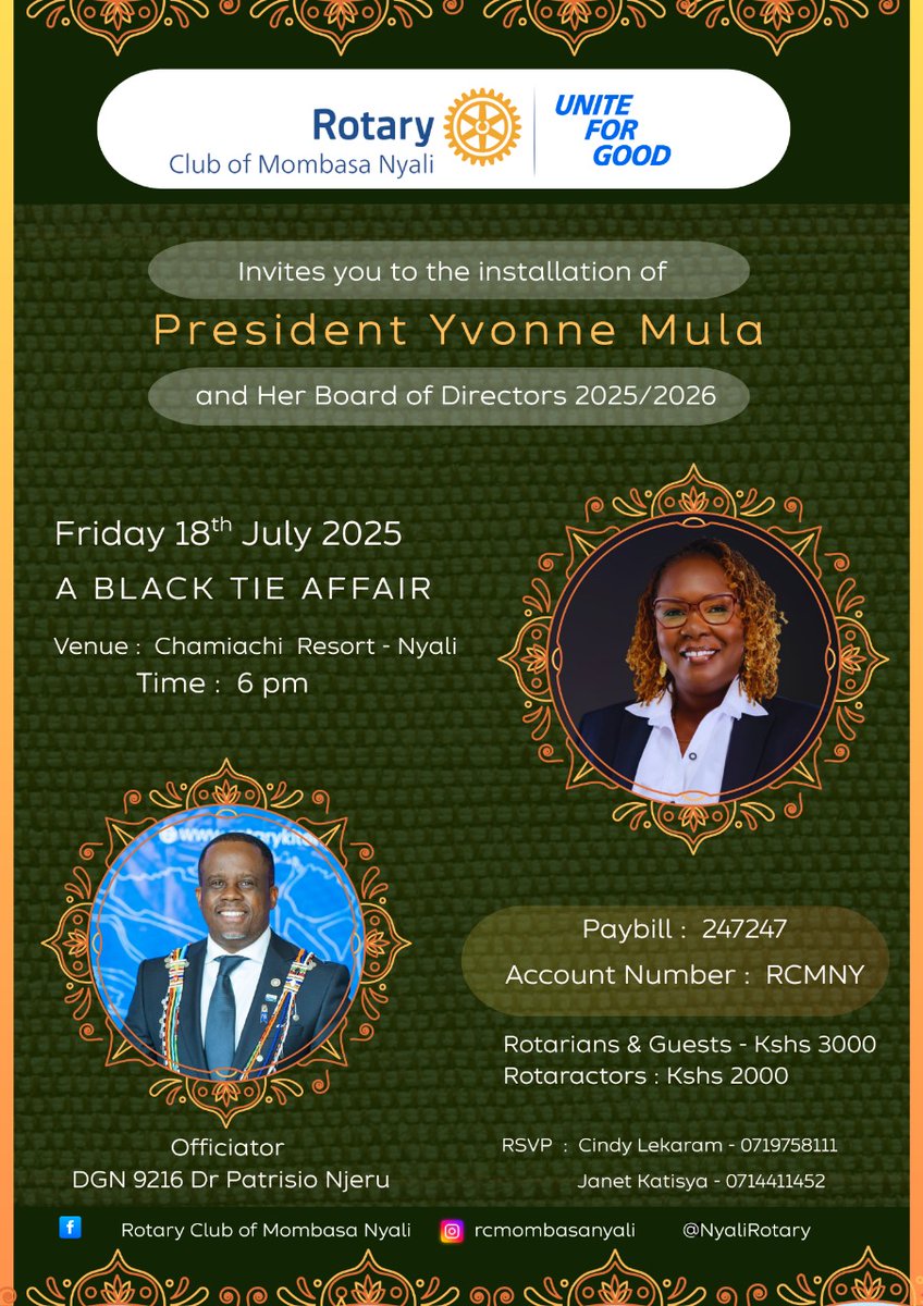 OPodote's tweet photo. The Rotary Club of Mombasa Nyali warmly invites you to the
*Installation of President Yvonne Mula and her Board of Directors (2025–2026)* 🌟

📅 Date: Friday, 18th July 2025
📍 Venue: Chamiachi Resort, Nyali
🕕 Time: 6:00 PM
👔 Dress Code: Black Tie
✨ Join us https://t.co/vTZLMkrxNc