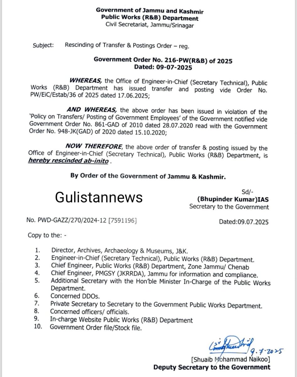 GulistanNewsTV's tweet photo. J&K Govt Rescinds Engineer-in-Chief's Transfer Order Over Policy Violation
#JammuAndKashmir #TransferOrder #JKPWD #GovernmentOrder #CivilSecretariat #EngineerInChief #PolicyViolation #GulistanNews https://t.co/S6ozV9PaXd